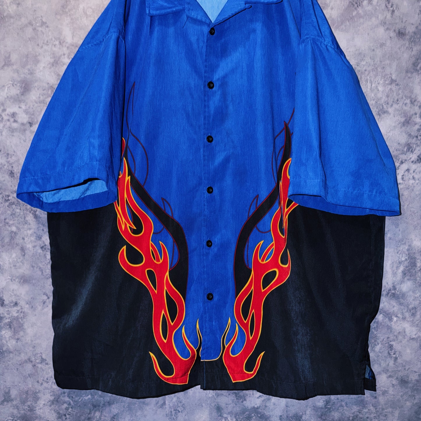 【doppio】vintage fire pattern print design open collar shirt