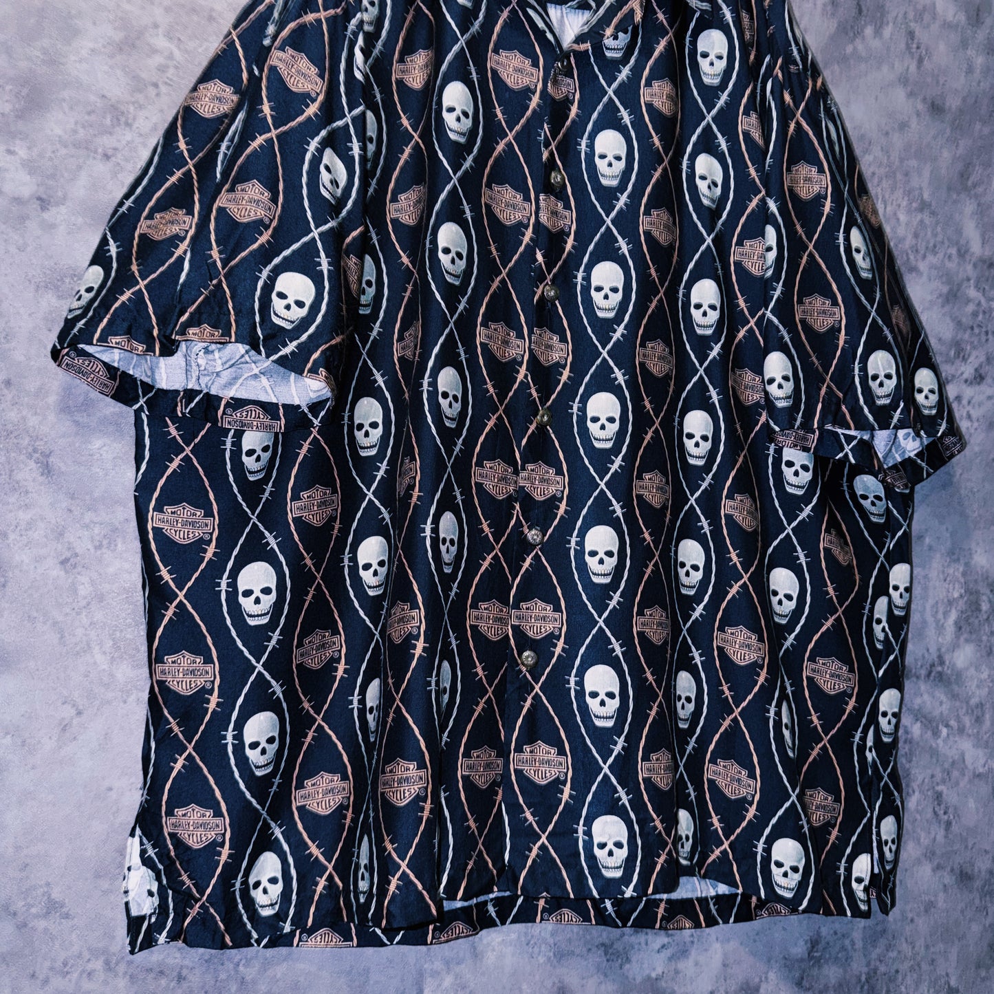 【doppio】vintage “Harley-Davidson” skull and spike print design open collar shirt