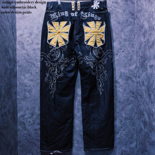 【doppio】vintage embroidery design wide silhouette black color denim pants
