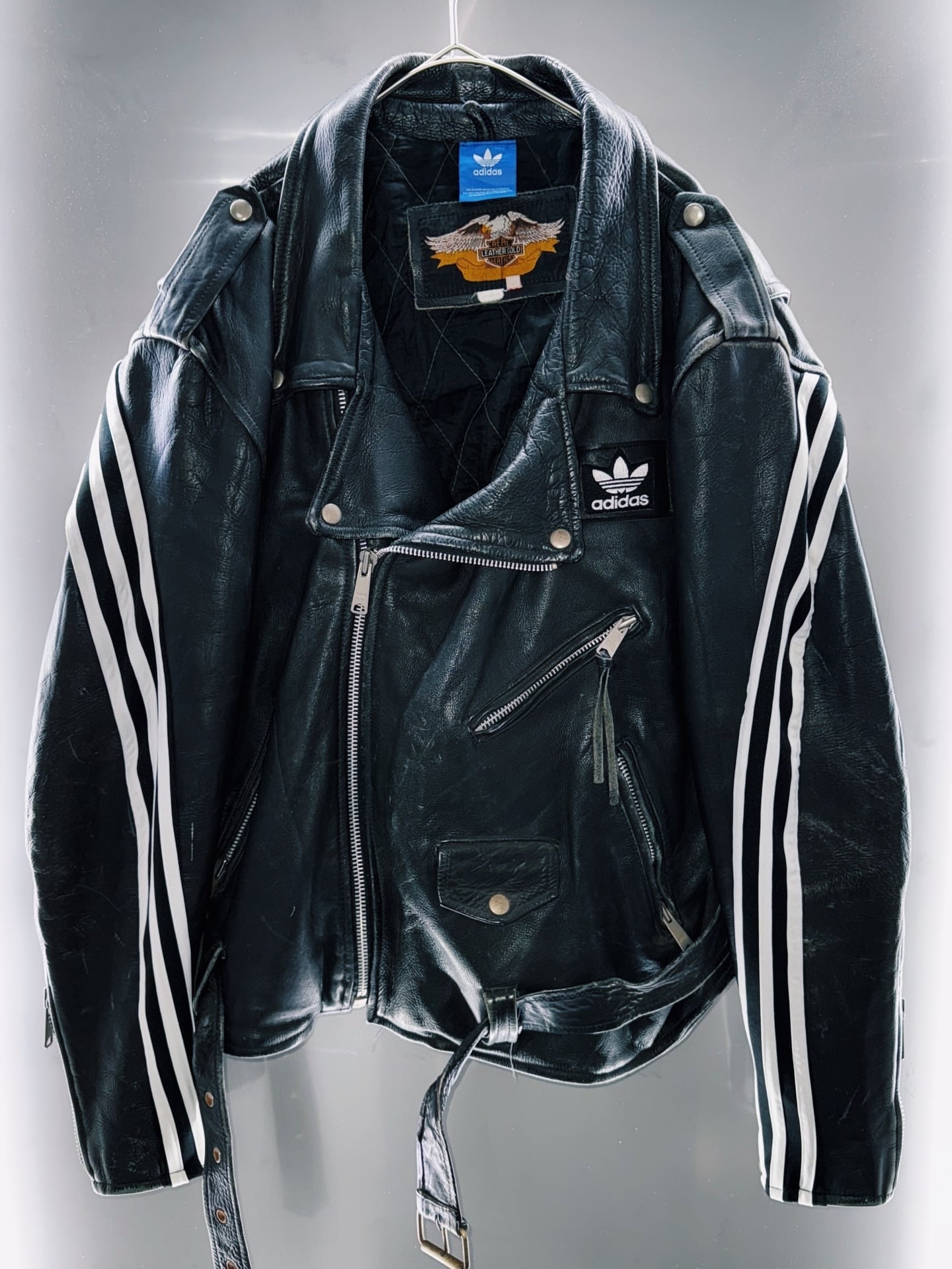 special "original re:meke" vintage "adidas"x vintage double riders leather jacket three strip edition