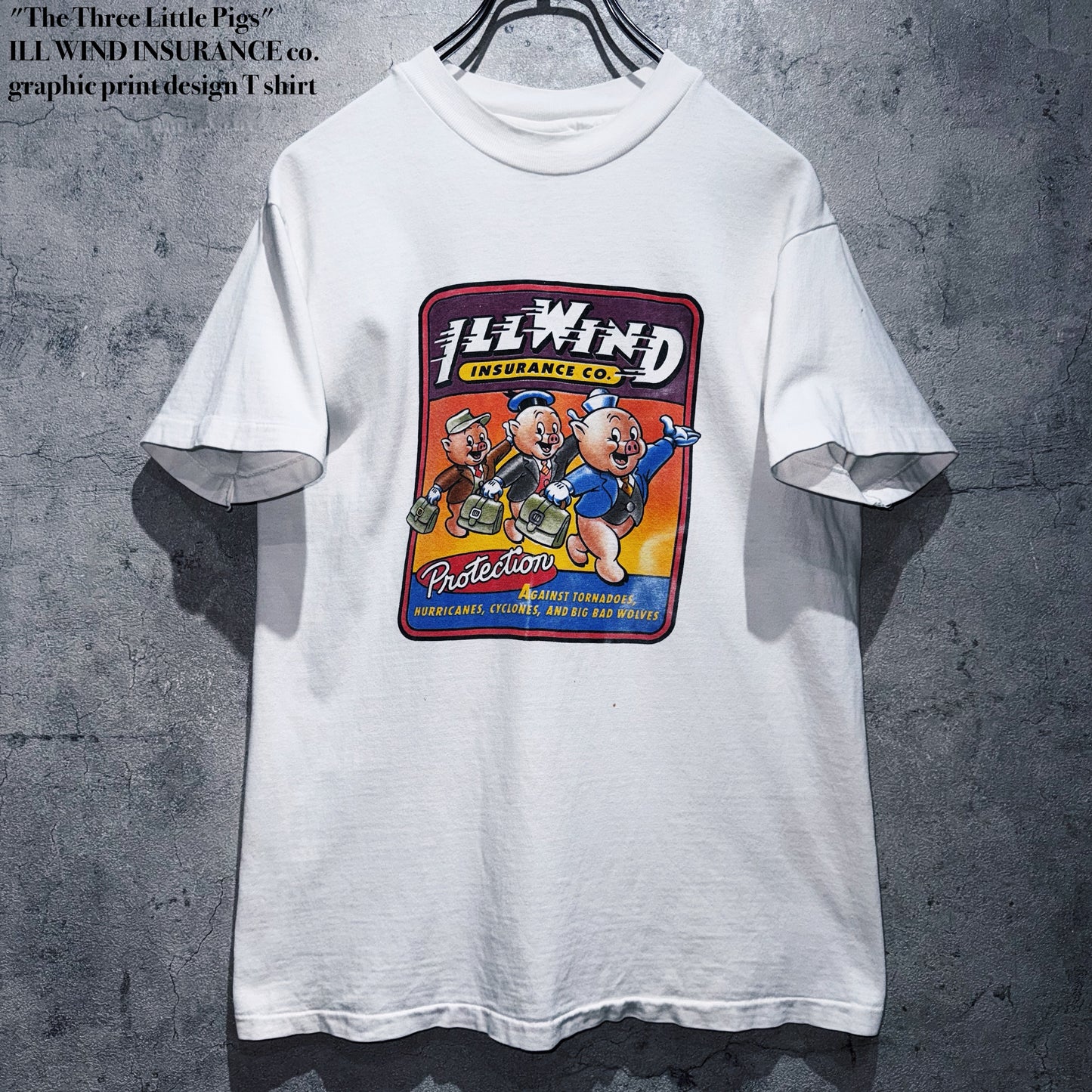 "The Three Little Pigs"ILL WIND INSURANCE co. graphic print design T shirt